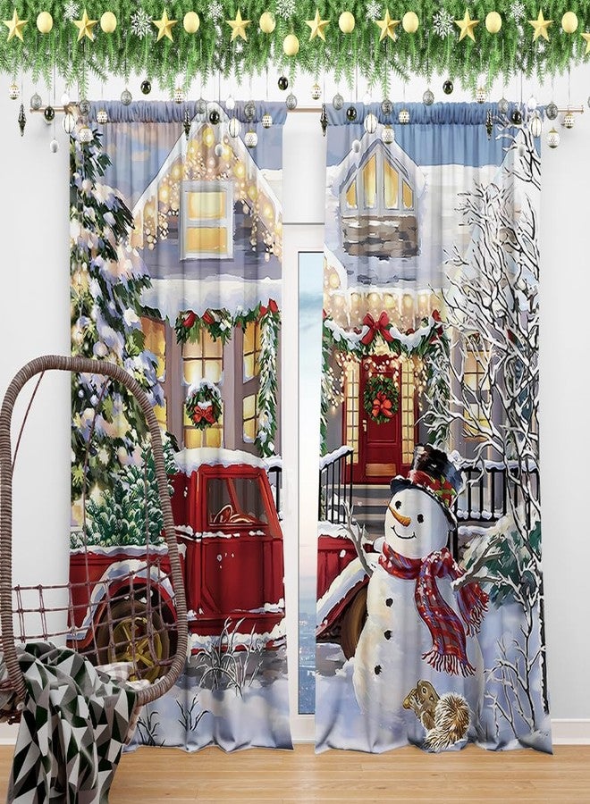 DOTOOMA 82 x 84 Inches Christmas Curtain Red Truck House with Lights On Xmas Tree Colorful Light Pine Tree Bedroom Living Room Window Decoration Drapes 2 Panel - Image 5